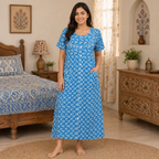 Women’s Jaipuri Cotton Nighty (Blue Handblock Print) – Comfortable Daily Wear Gown