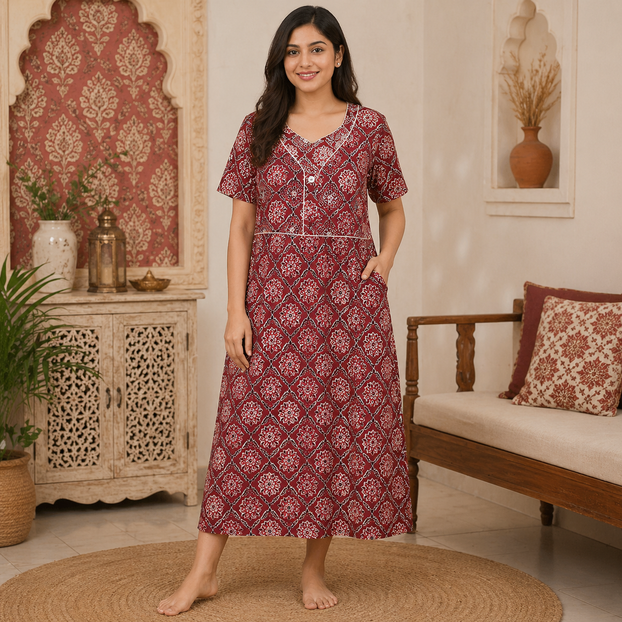Women’s Printed Cotton Nighty / Lounge Gown (Red Floral Design) – Soft Daily Wear