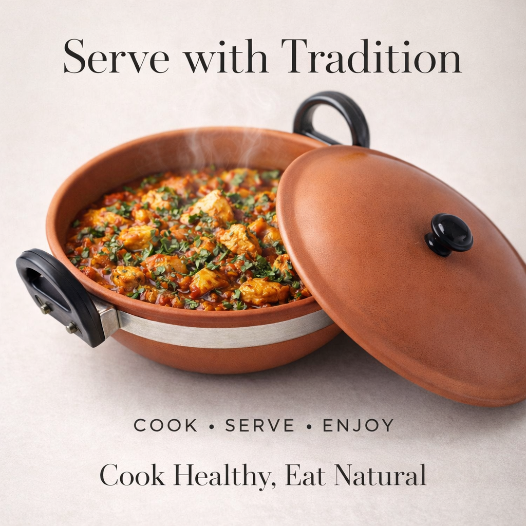 Terracotta Pan (Clay Kadhai) with Lid – Natural Clay Cookware for Healthy Cooking
