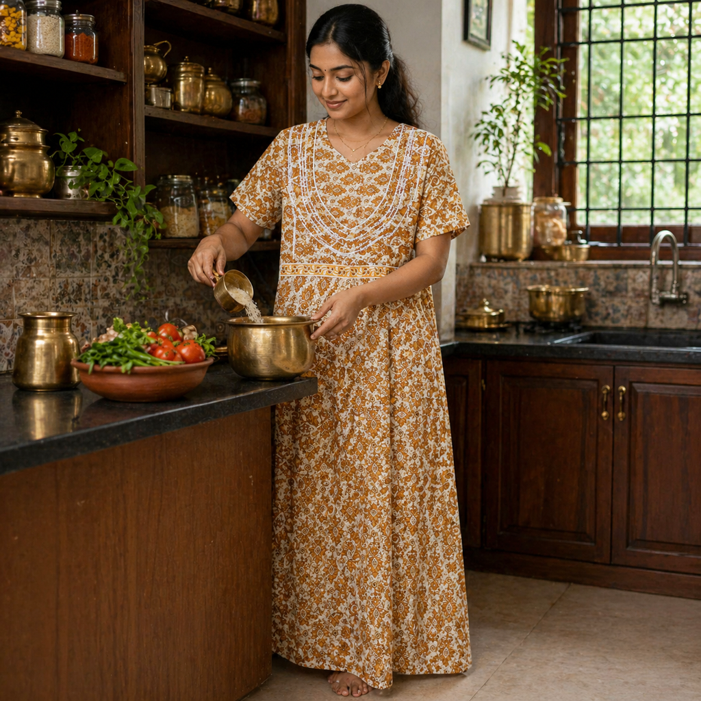 Women’s Cotton Printed Nighty – Brown Floral Comfort Night Gown