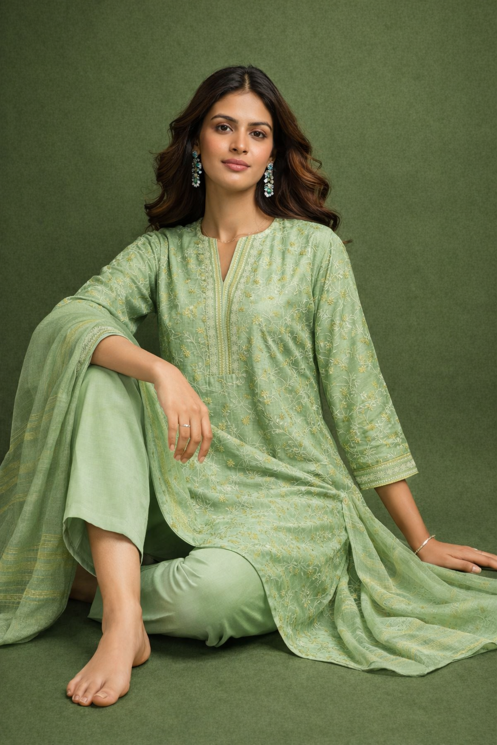 Mint Green Embroidered Kurta Set with Dupatta