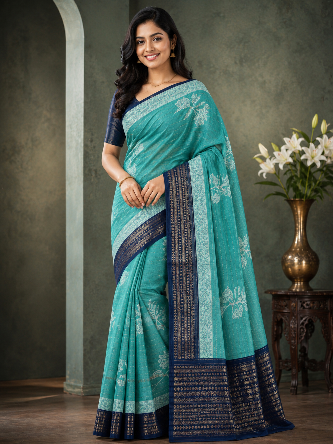 Teal Blue Floral Printed Saree with Golden Zari Border | Traditional & Festive Wear Saree for Women