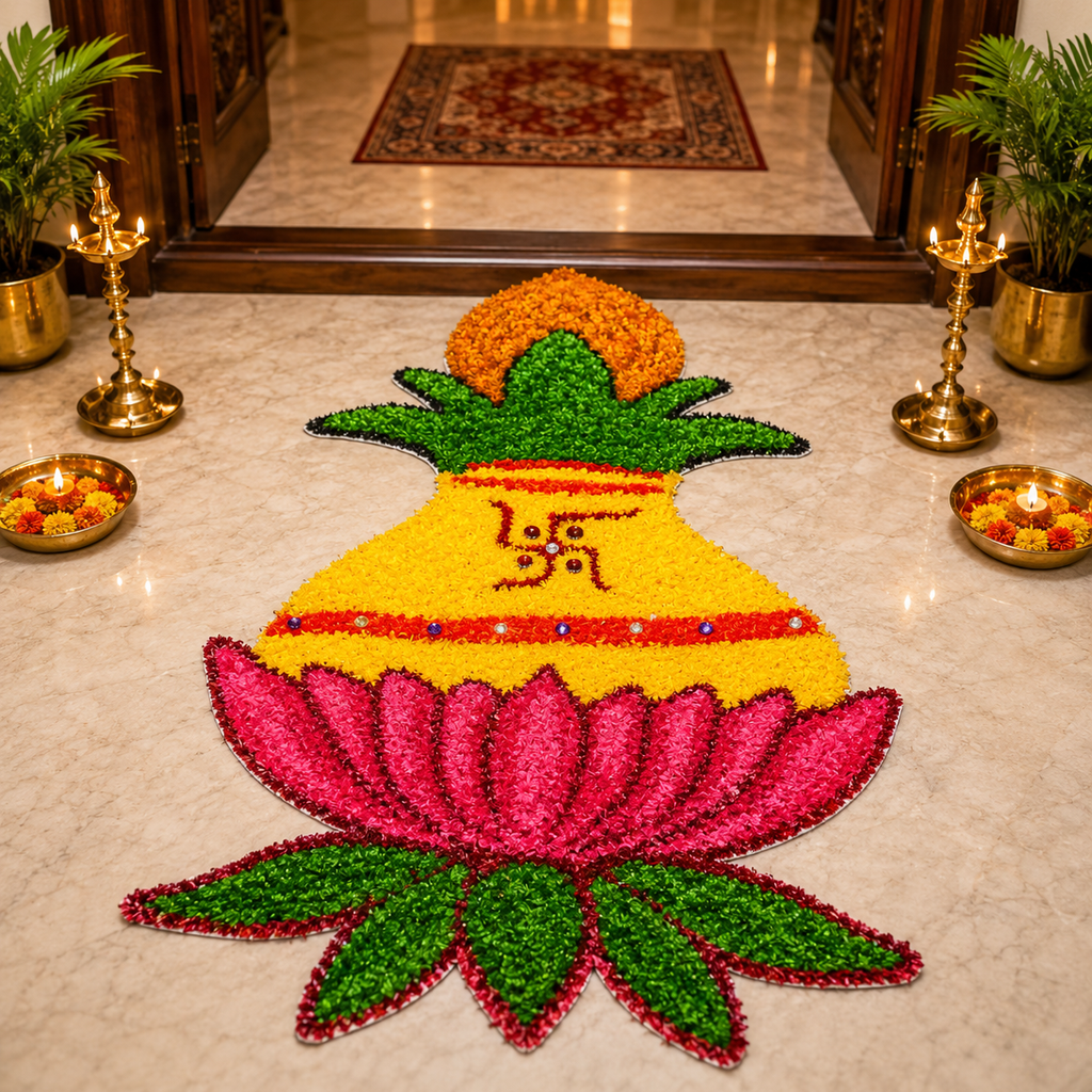 कलश आणि कमळ डिझाइन रेडीमेड रांगोळी मॅट | Premium Kalash & Lotus Ready Made