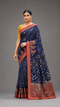 Royal Navy Blue Bandhani Style Saree with Red Zari Border & Traditional Elephant Motif Pallu