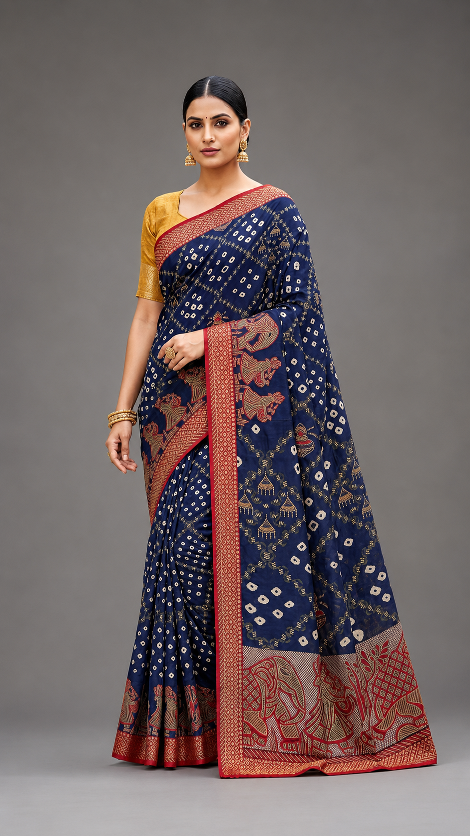 Royal Navy Blue Bandhani Style Saree with Red Zari Border & Traditional Elephant Motif Pallu