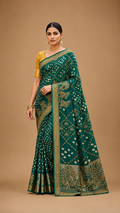 Premium Green Bandhani Designer Saree with Golden Zari Border & Traditional Elephant Motif Pallu