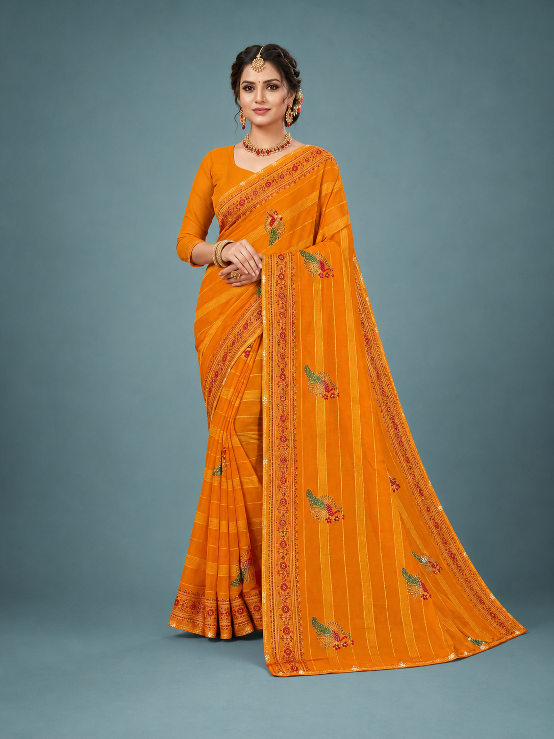 Mustard Orange Embroidered Designer Saree with Peacock Motif Border