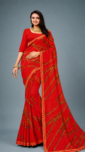 Red Printed Designer Saree with Multicolor Abstract Stripe Pattern