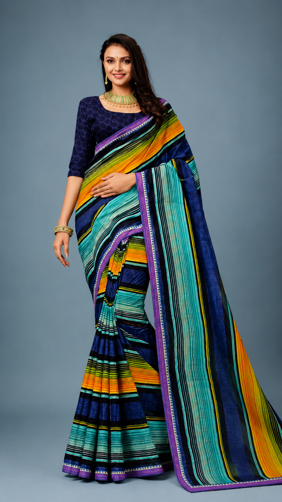 Multicolor Striped Designer Saree with Navy Blue & Turquoise Pattern