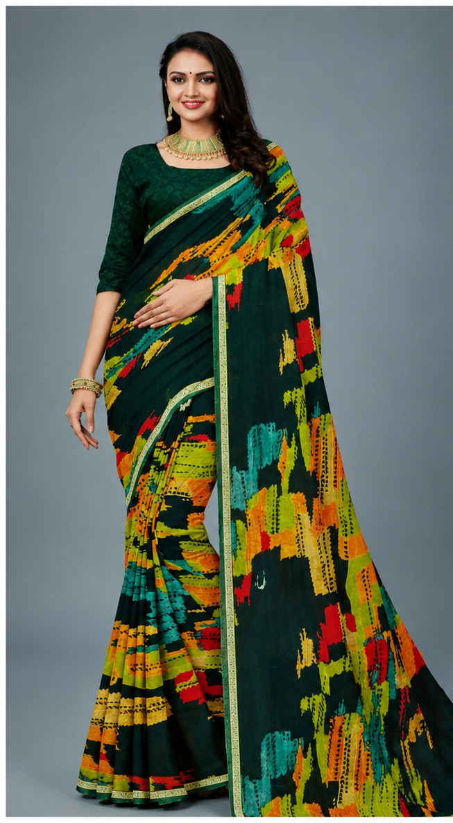 Dark Green Abstract Printed Designer Saree with Multicolor Artistic Pattern