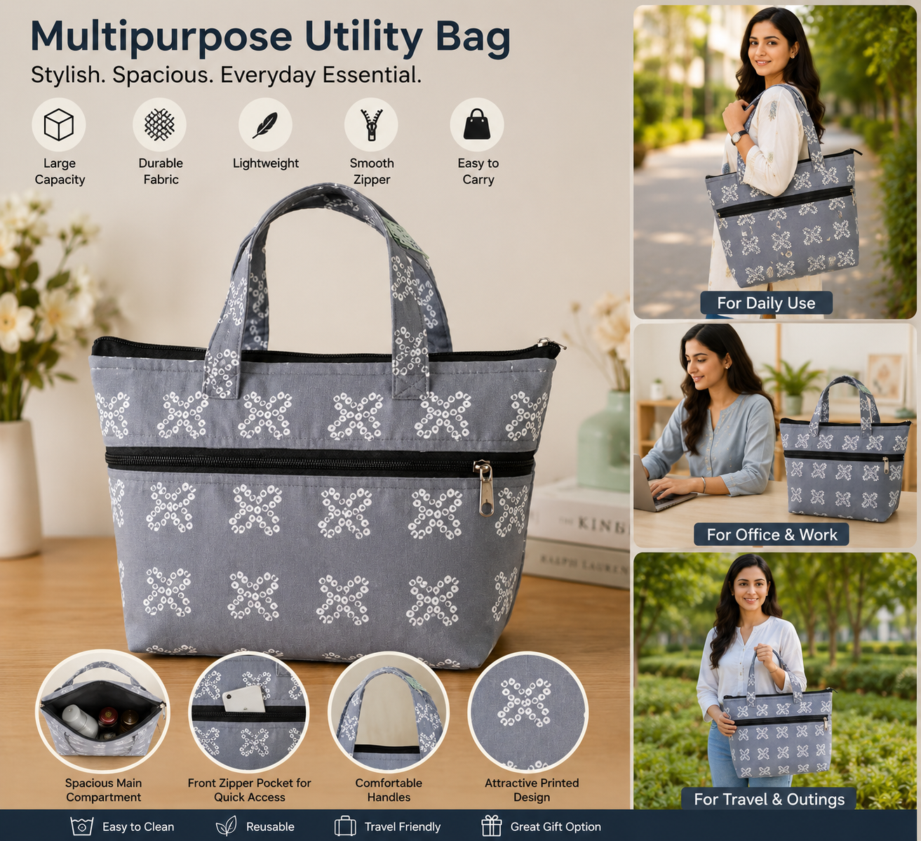 Grey Printed Multipurpose Utility Bag