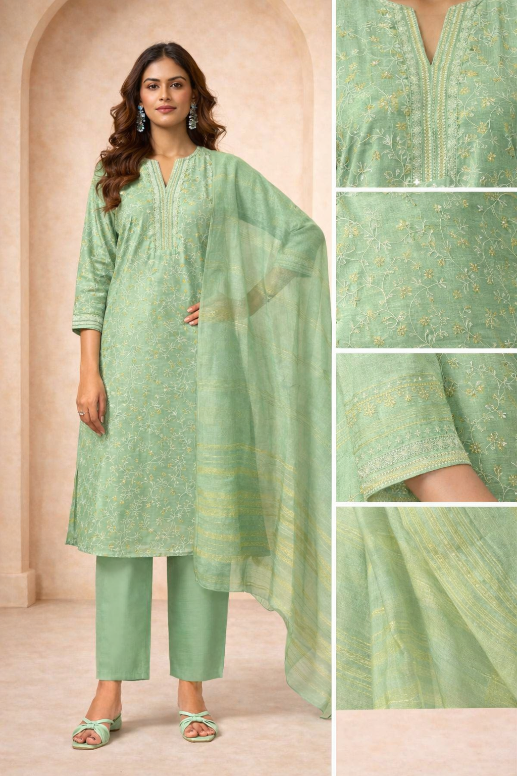 Mint Green Embroidered Kurta Set with Dupatta