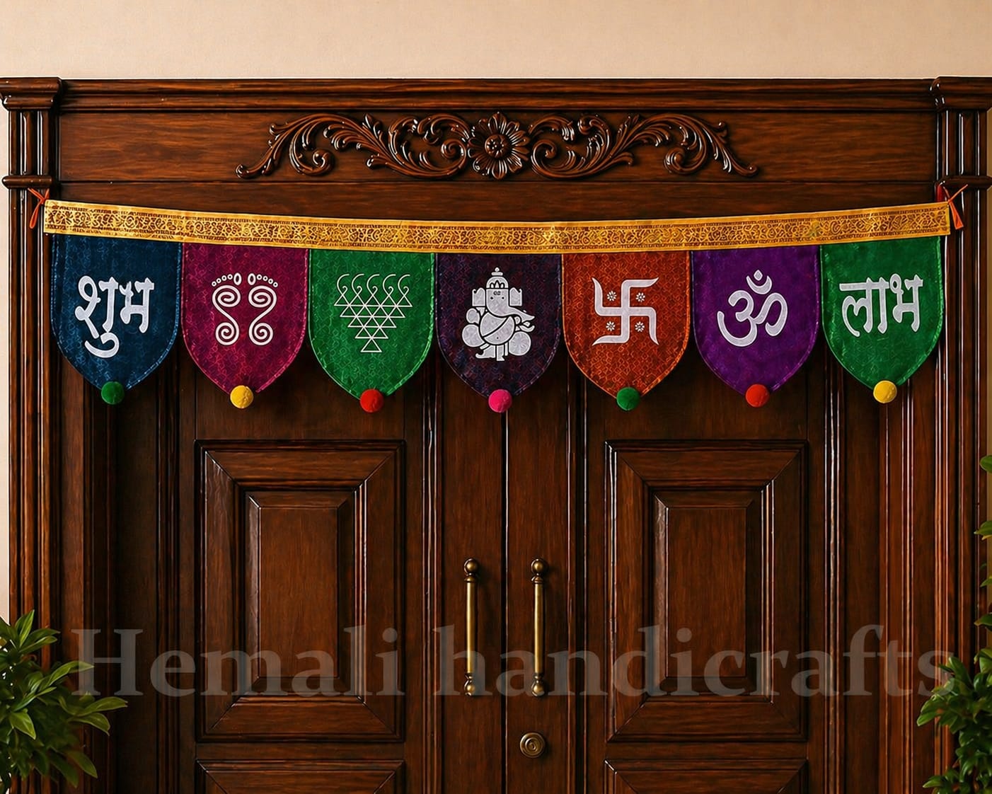 Shubh Labh Door Toran – Multicolor Festive Bandhanwar with Om, Swastik & Ganesh Symbols | Decorative Entrance Hanging