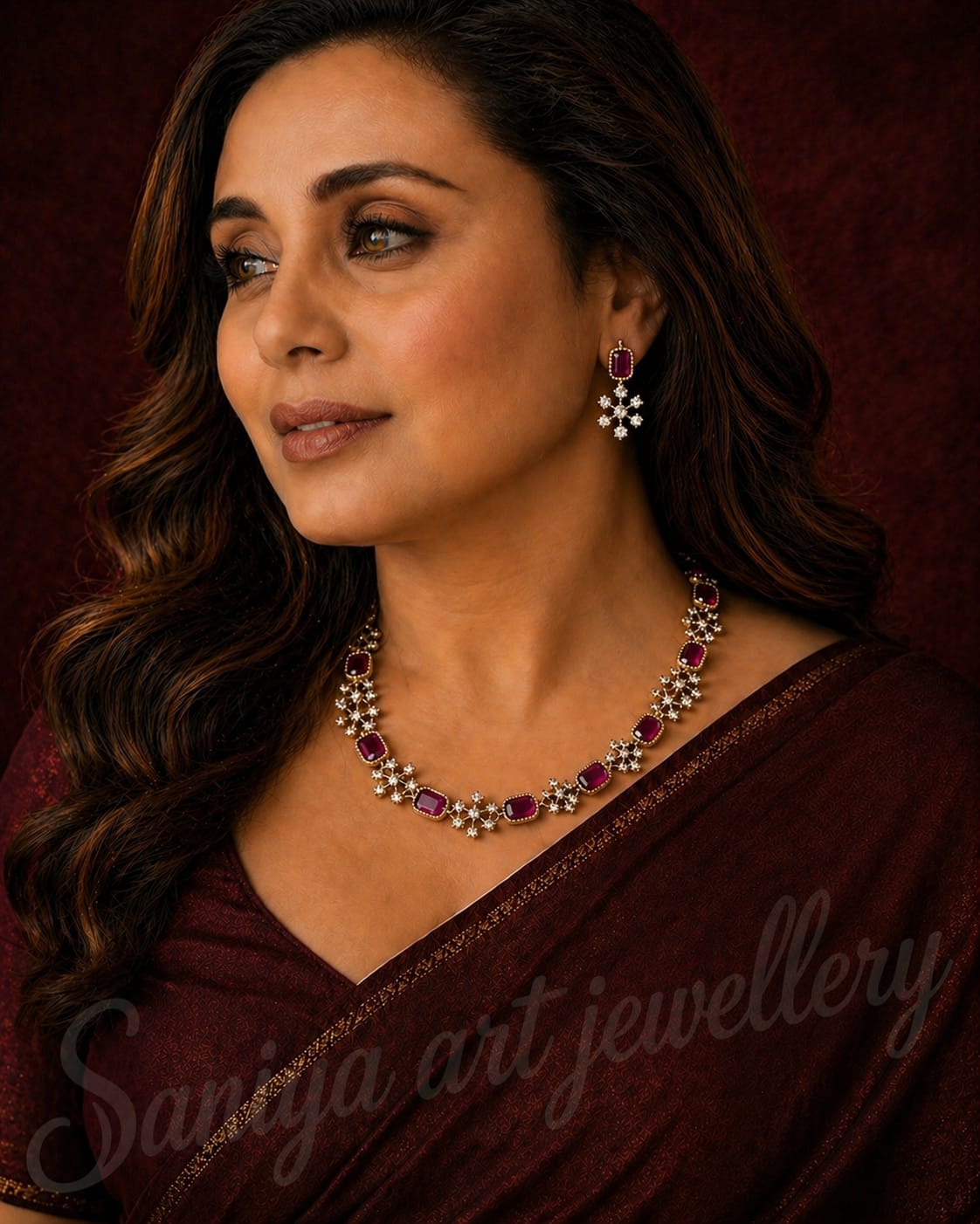 Ruby Rectangle Stone Necklace Set – Gold-Plated Minimal Floral Jewellery with Matching Earrings | Elegant Party Wear