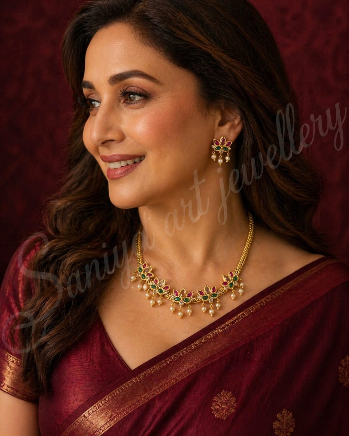 Temple Floral Necklace Set – Gold-Plated Multi-Color Stone Jewellery with Pearl Drops | Traditional Wedding Wear