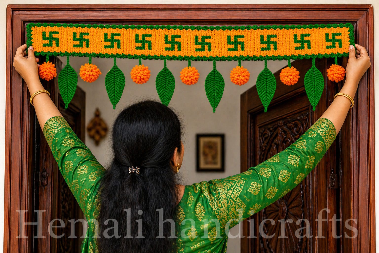 Handmade Crochet Swastik Door Toran – Auspicious Bandhanwar with Leaf & Pom-Pom Hanging | Festive Home Décor