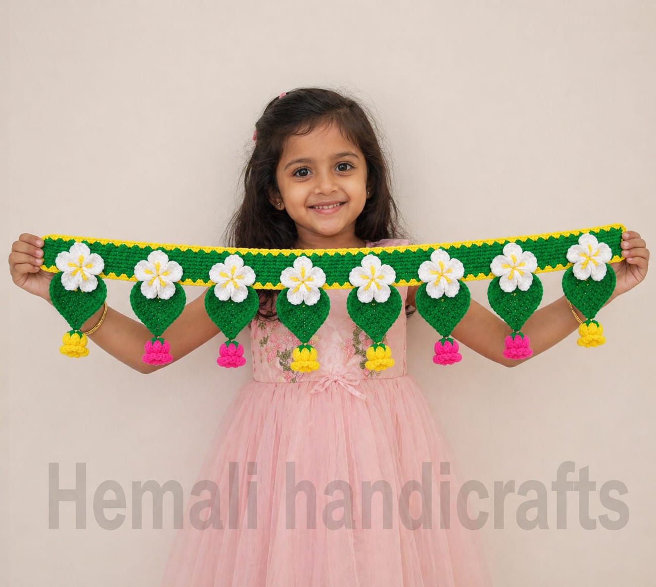 Handmade Crochet Floral Door Toran – White Flower & Leaf Hanging Bandhanwar with Pom-Poms | Festive Home Décor