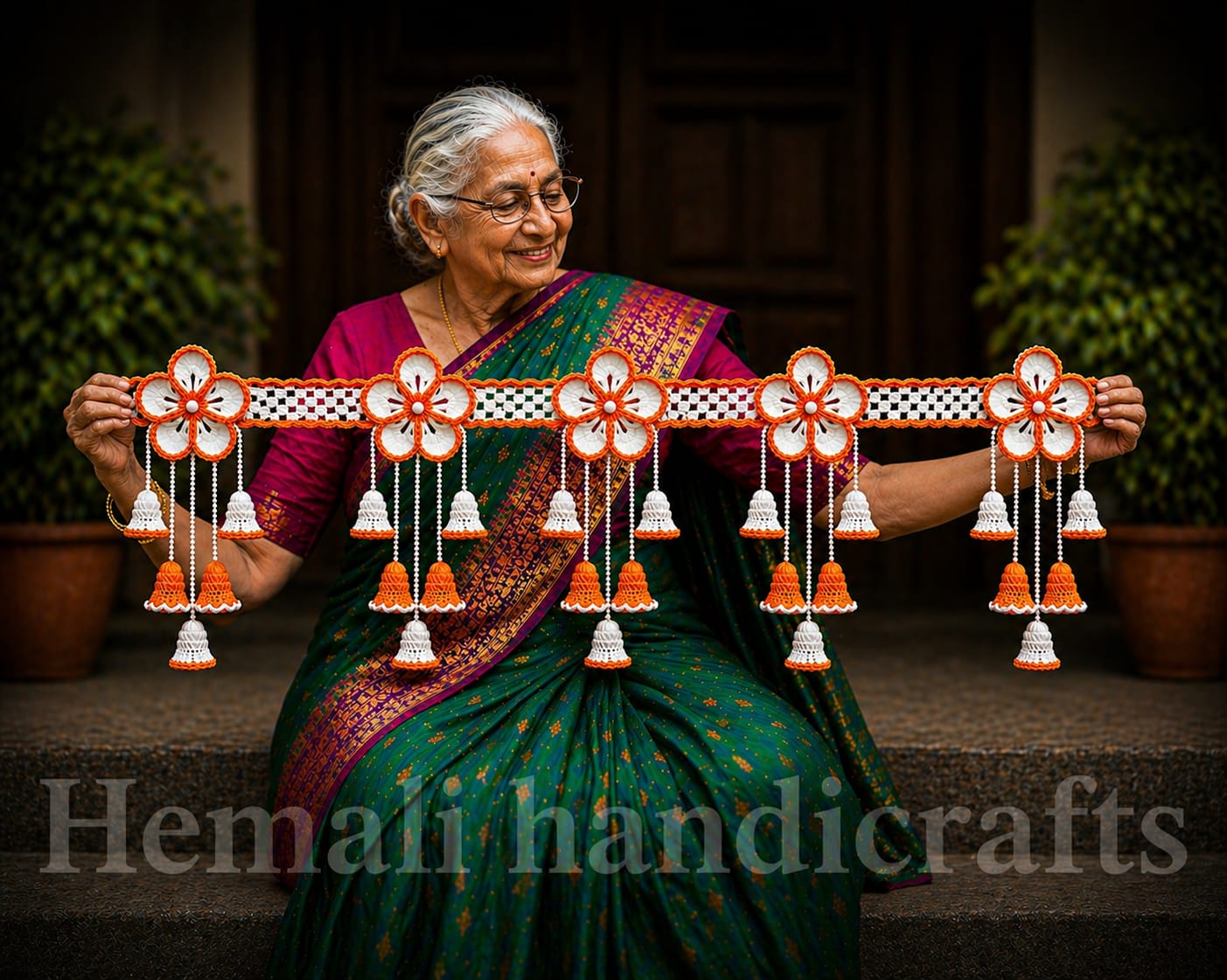 Handmade Crochet Floral &amp; Bell Door Toran – White &amp; Orange Hanging Bandhanwar with Tassels | Festive Home Décor