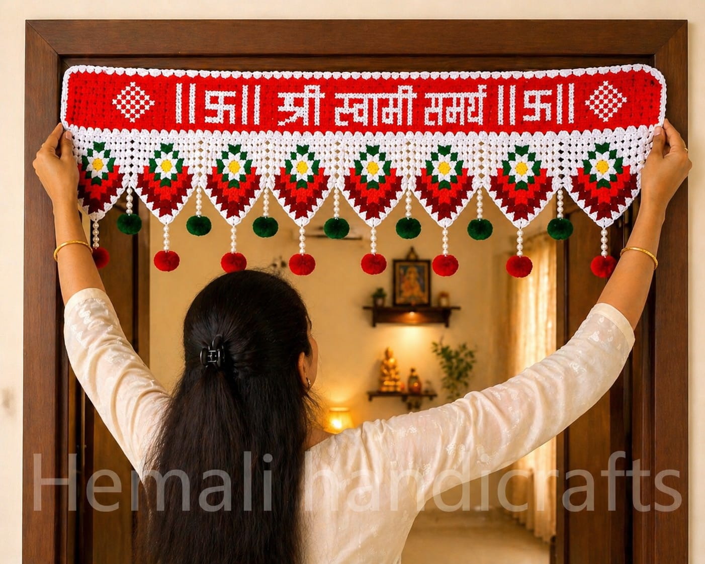 Handmade Crochet Door Toran – “Shree Swami Samarth” Decorative Bandhanwar with Pom-Poms | Festive Home Décor