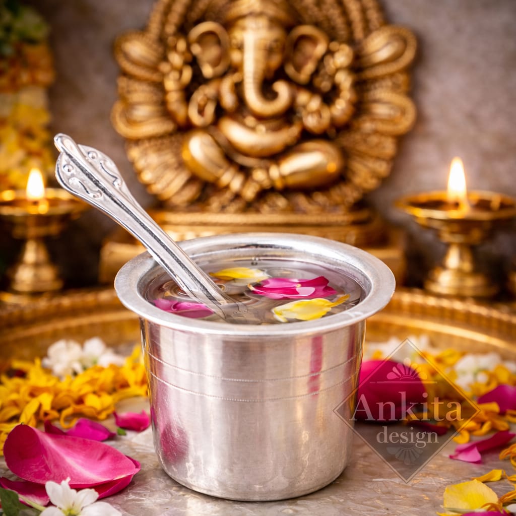 Premium White Metal Phulpatra Pali Set | Pooja Jal Patra with Spoon for Mandir & Ritual Use