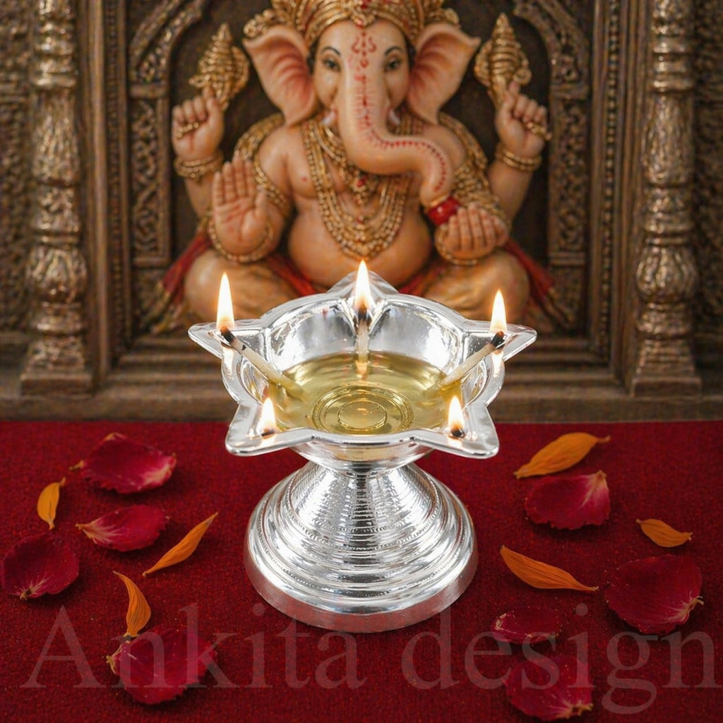 1 No. Niranjan | White Metal Diya for Pooja & Festivals | Decorative Oil Lamp