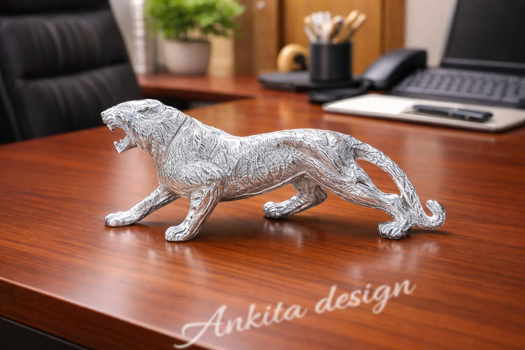 Premium White Metal Tiger Statue | Elegant Silver Finish Showpiece for Table Décor