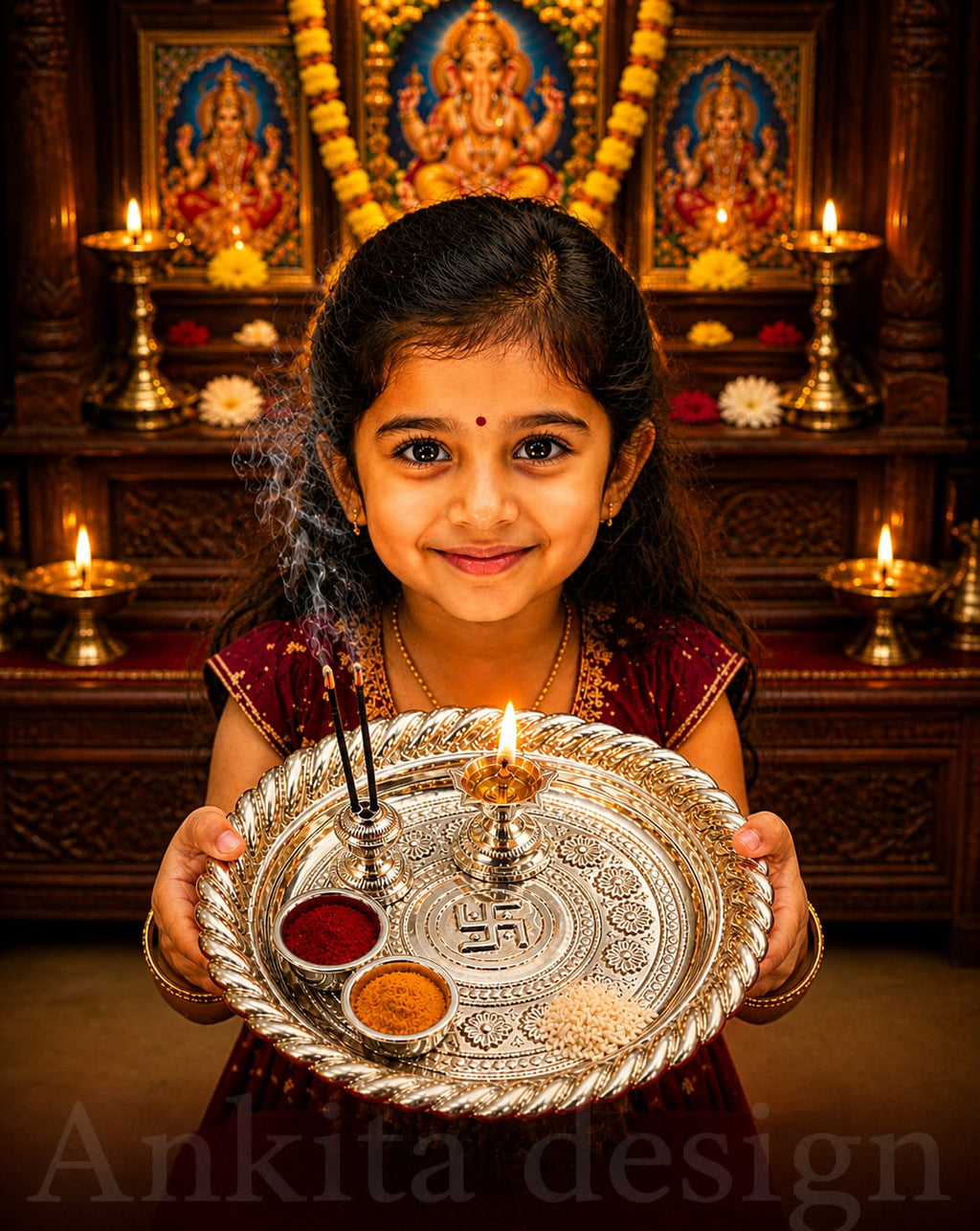 Premium Diamond Pooja Thali Set with Diya  | White Metal Aarti Thali for Festivals & Rituals