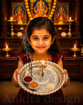 Premium Diamond Pooja Thali Set with Diya  | White Metal Aarti Thali for Festivals & Rituals