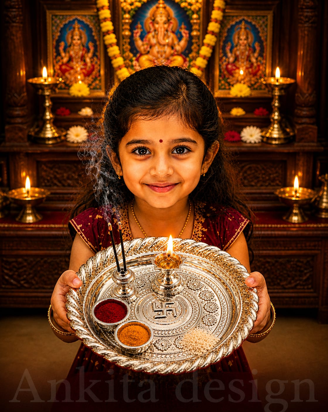 Premium Diamond Pooja Thali Set with Diya  | White Metal Aarti Thali for Festivals & Rituals