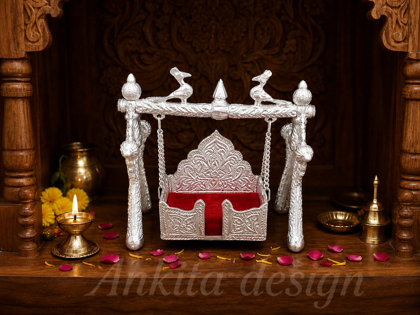 Silver Finish Jhula | White Metal Krishna Swing for Mandir | Decorative Pooja Jhula
