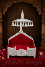 Luxury White Metal Devhara Singhasan with Bell Canopy | Premium Red Velvet God Chowki / Throne for Mandir Décor
