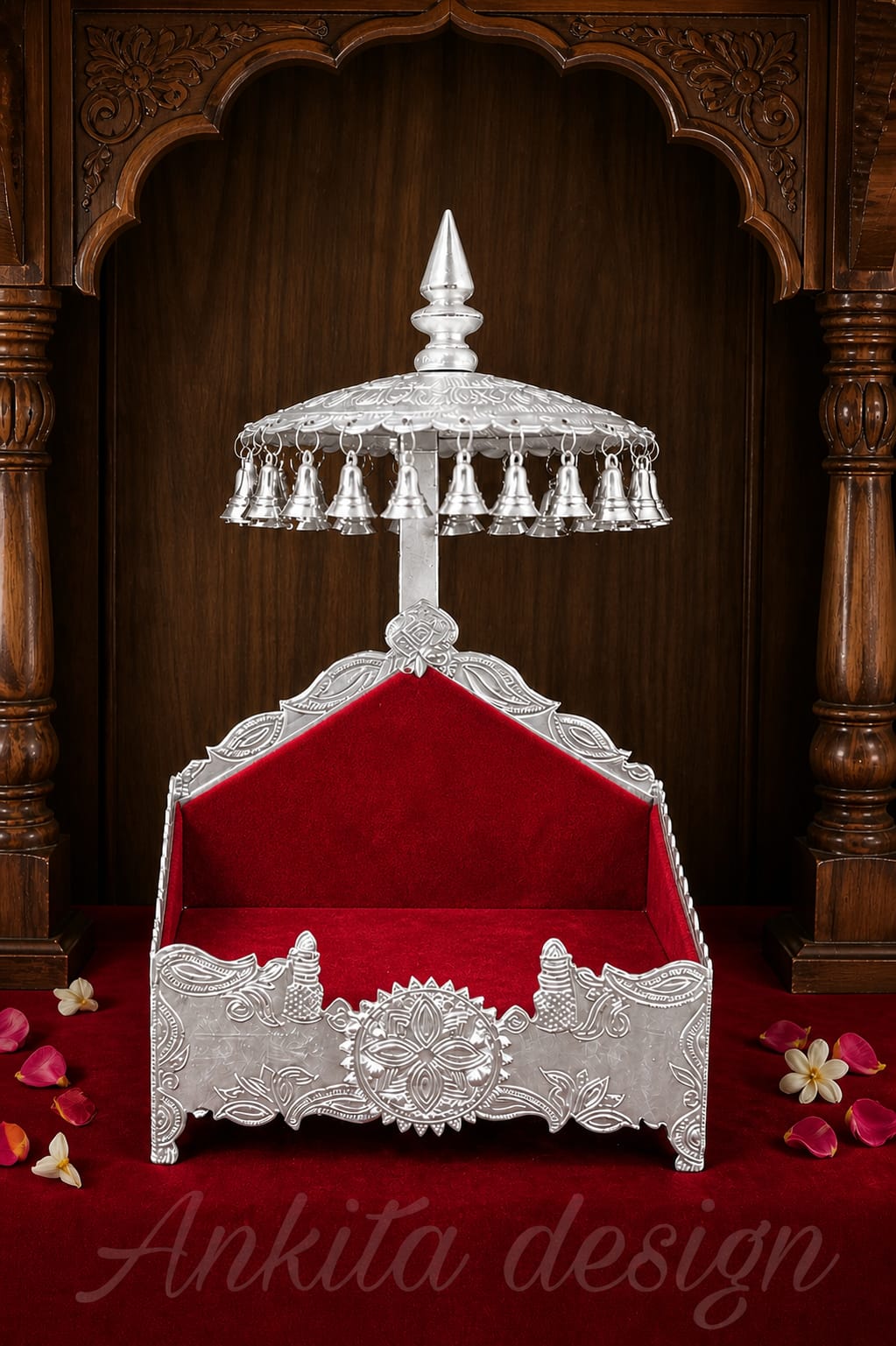 Luxury White Metal Devhara Singhasan with Bell Canopy | Premium Red Velvet God Chowki / Throne for Mandir Décor
