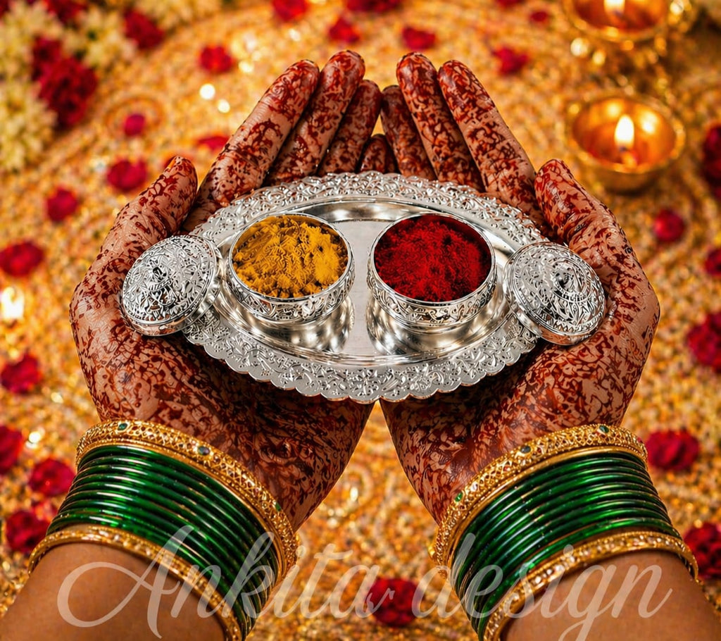 Oval Paan Karanda | Premium White Metal Dual Bowl Pooja Thali | Kumkum Haldi Plate for Devghar & Ceremonies