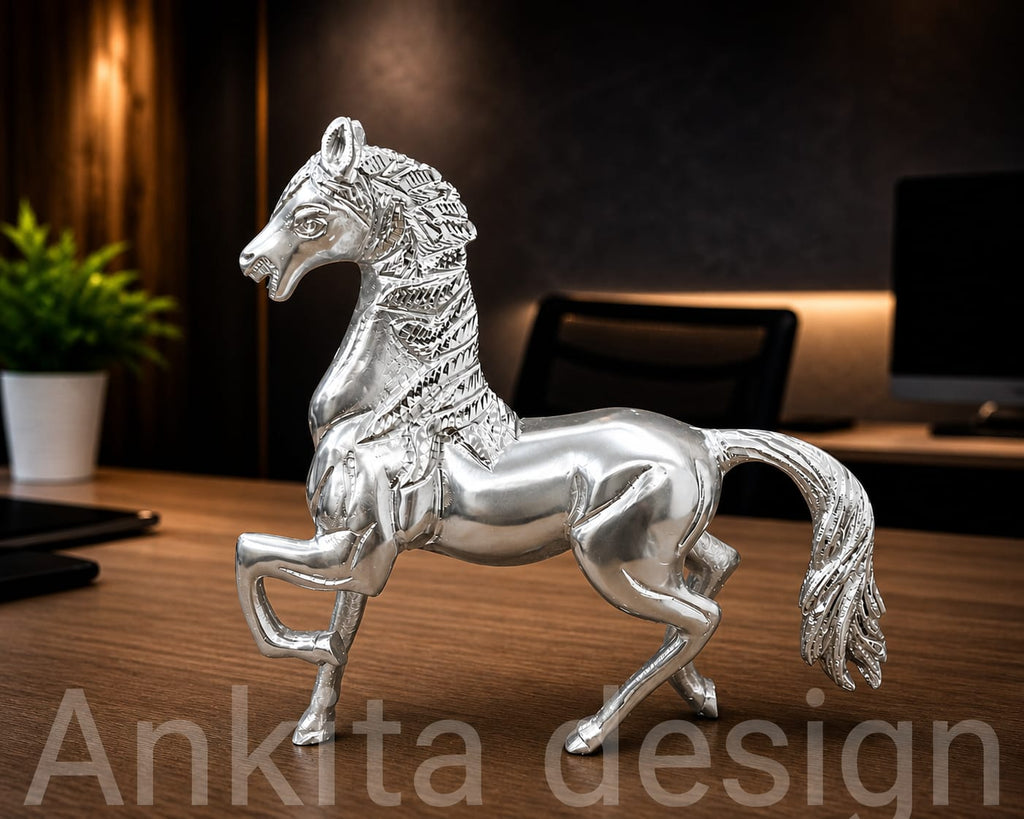 White Metal Horse Statue | Running Horse Showpiece for Home & Office Décor