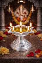 2 No. Niranjan | White Metal 5 Jyot Standing Diya | Silver Finish Samai Oil Lamp