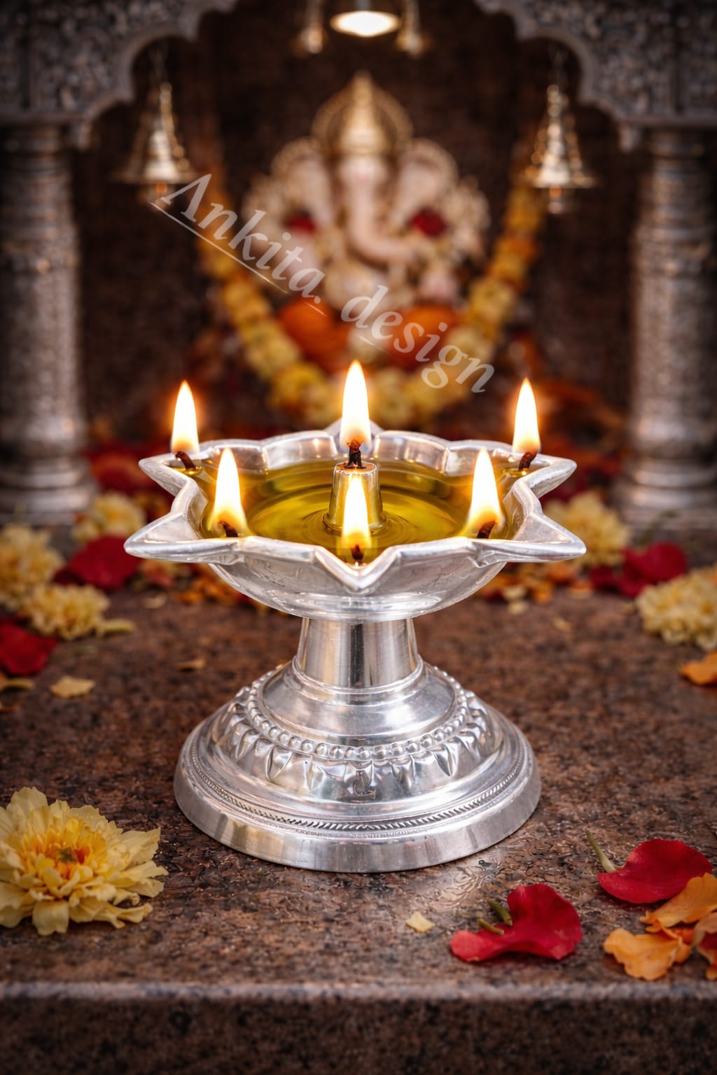 2 No. Niranjan | White Metal 5 Jyot Standing Diya | Silver Finish Samai Oil Lamp
