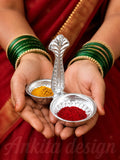 Jod Kamal | White Metal Haldi Kumkum Holder with Handle | Designer Double Bowl Kumkum Dani Set for Pooja & Rituals