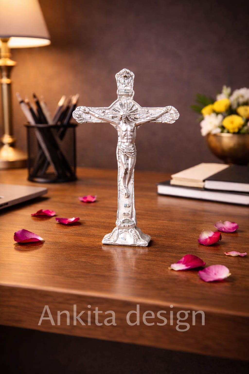 Premium White Metal Jesus Cross Statue | Silver Finish Crucifix Showpiece for Home & Office Décor