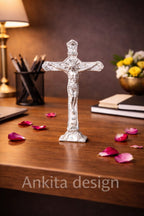 Premium White Metal Jesus Cross Statue | Silver Finish Crucifix Showpiece for Home & Office Décor