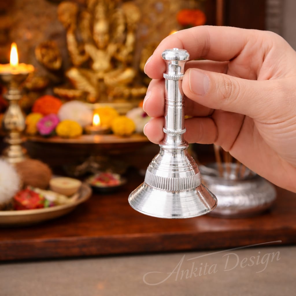 Premium White Metal Pooja Bell | Silver Finish Hand Ghanti for Mandir & Aarti Use