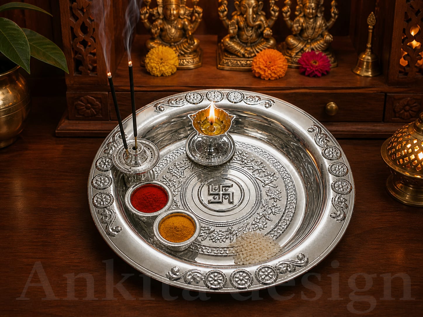 Heavy Premium White Metal Fancy Pooja Thali Set | Designer Haldi Kumkum Plate with Diya & Agarbatti Stand for Mandir