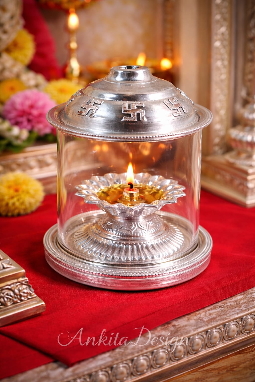 Premium White Metal Akhand Diva with Glass Cover | Long Lasting Pooja Lamp for Mandir & Home