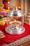 Premium White Metal Akhand Diva with Glass Cover | Long Lasting Pooja Lamp for Mandir & Home