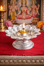 Dev Das Diva | Premium White Metal  | Single Jyot Flower Design Oil Lamp for Pooja & Mandir