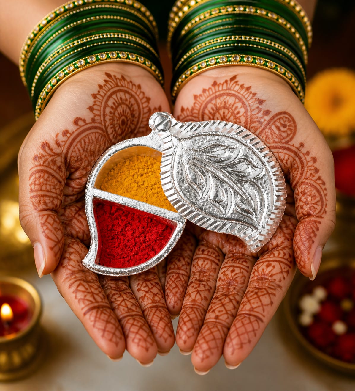 Kairi Paan Karanda | White Metal Kumkum Holder Set for Pooja & Gifting