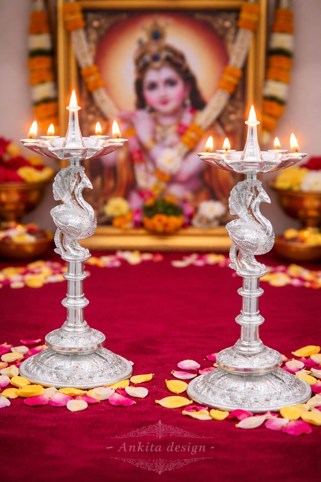 Premium White Metal South Peacock Samai Diya Pair | 5 Jyot Standing Oil Lamp for Mandir