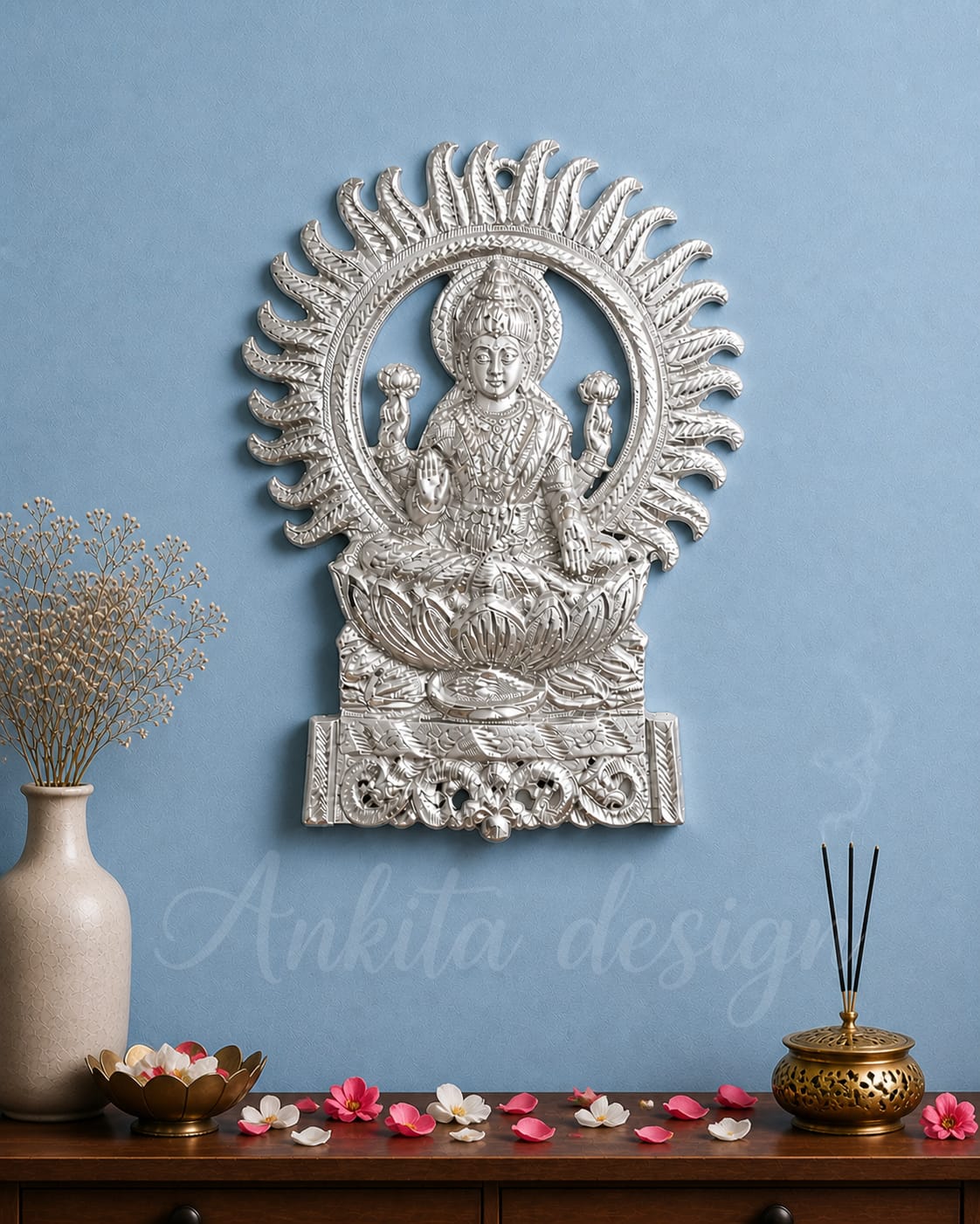 Luxury White Metal Lakshmi Wall Hanging | Premium Goddess Wall Hanging for Living Room & TV Background