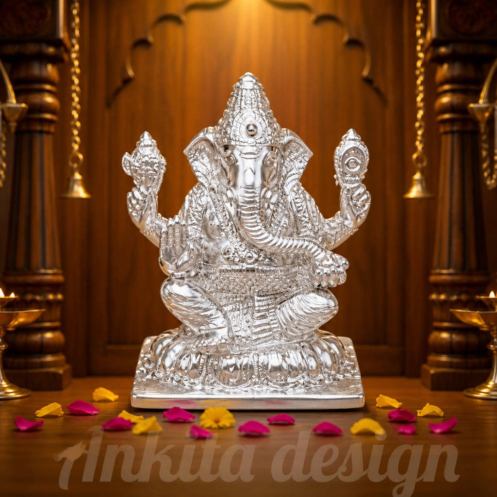 Premium White Metal Ganpati Idol | Lord Ganesha Murti for Home Temple & Décor