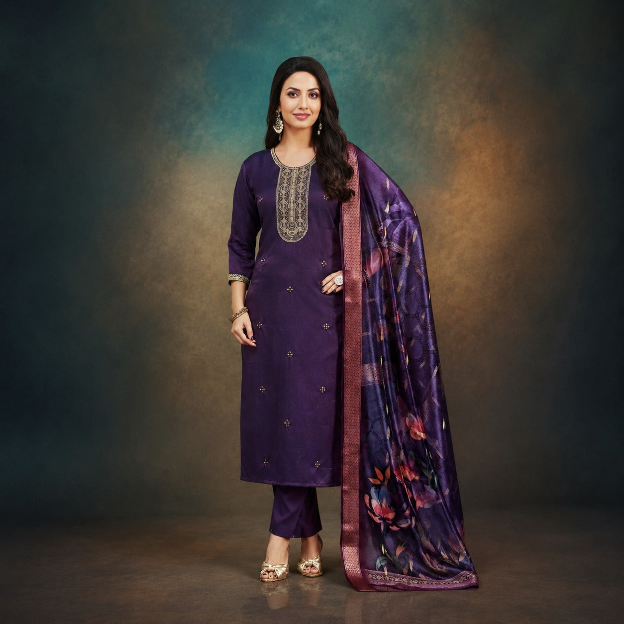 Premium Purple Embroidered Kurta Pant Dupatta Set | Elegant Women’s Ethnic Wear