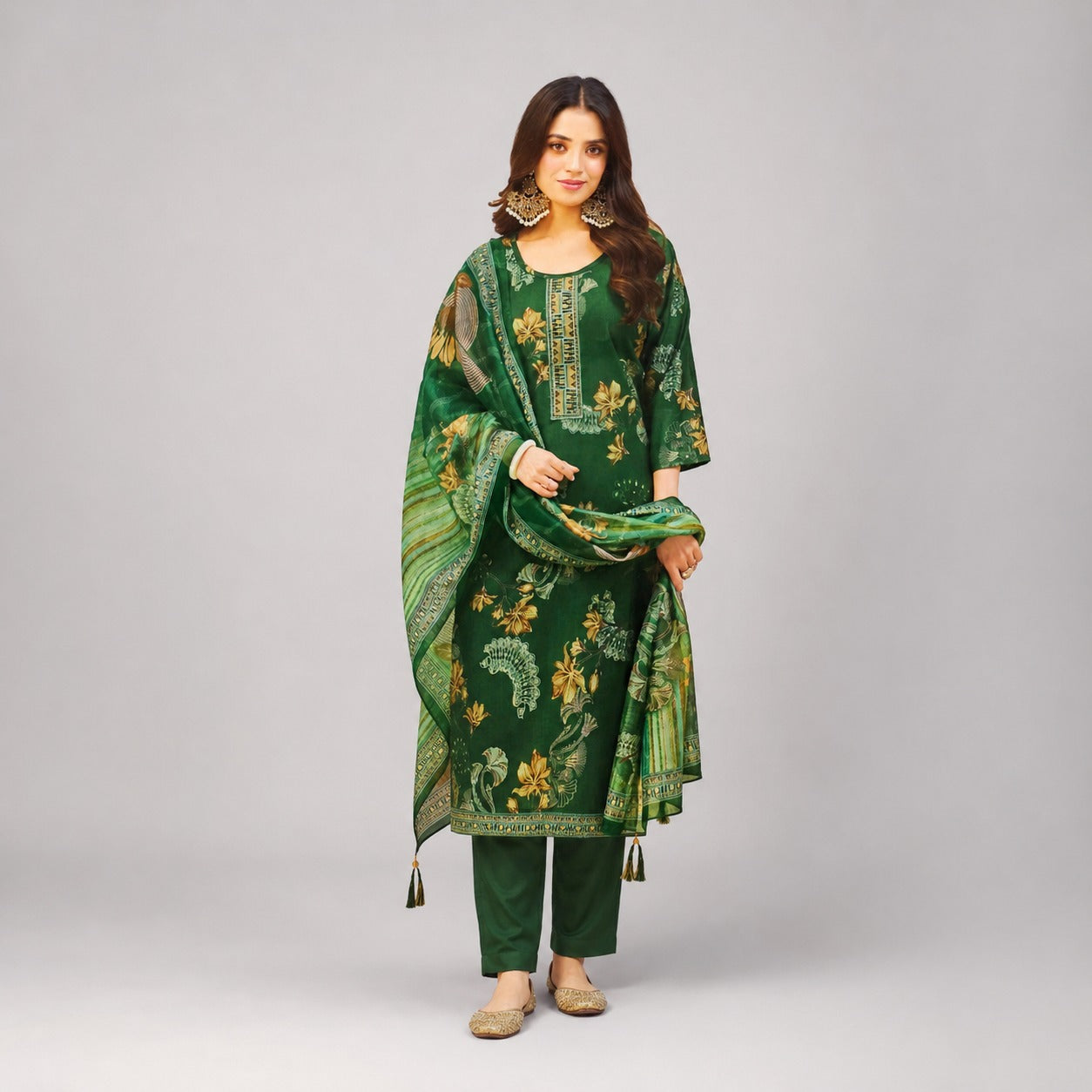 Dark Green Floral Printed Kurta Pant Dupatta Set | Elegant Women’s Ethnic Wear